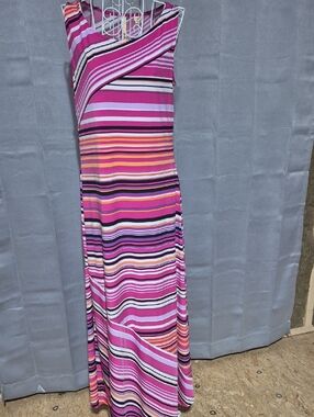 Striped Pink Sleeveless Maxi Dress with Multicolor Bands